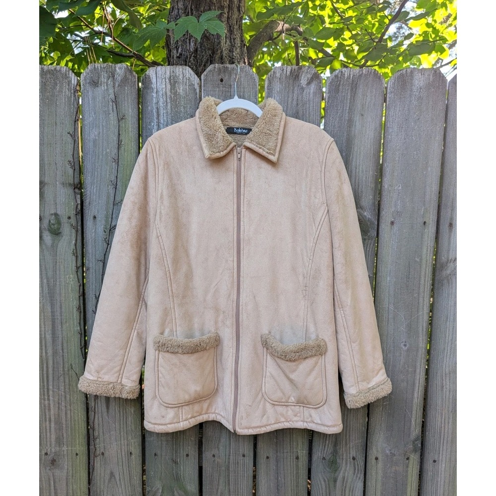 Boheme Womens Faux Shearling Coat Large Faux Fur Trim Chore Pockets Zip Western